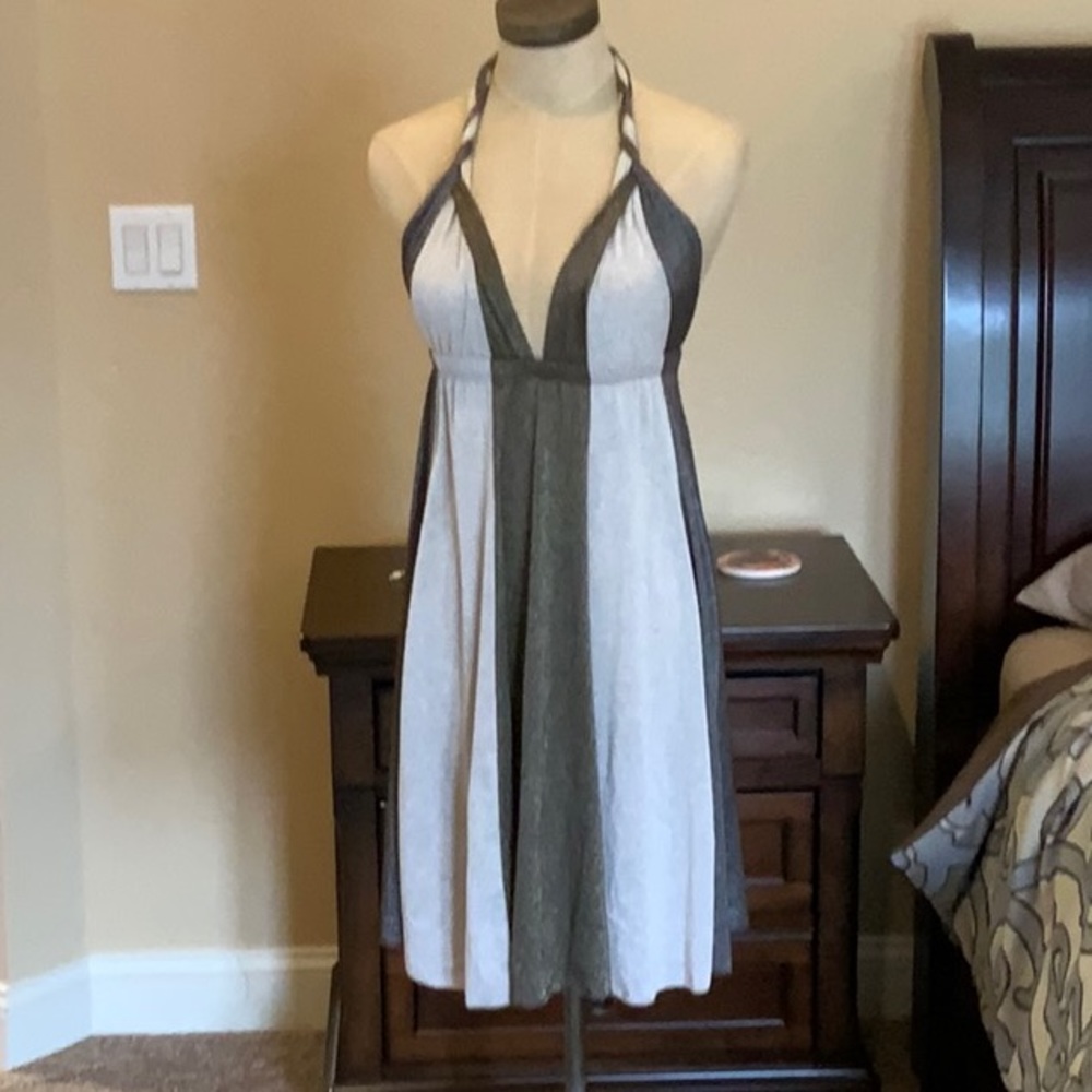 Shimmery tie neck open back dress